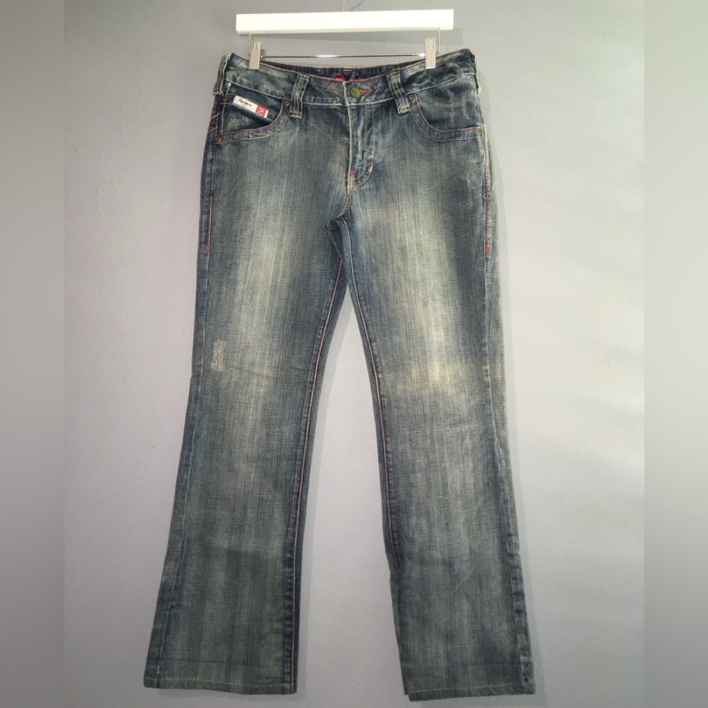 👖 PEPE JEANS 5-pocket zipper fly denim jeans, red stitching detail, 33 — VGUC
